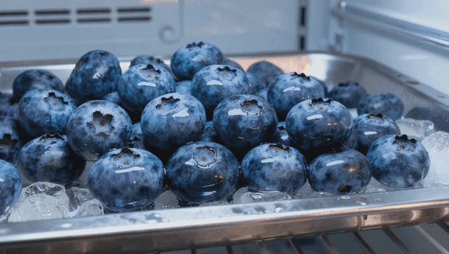 얼음 위에 놓인 신선한 블루베리