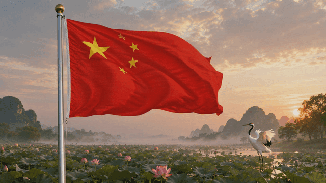 Chinese flag fluttering over pond at sunrise
