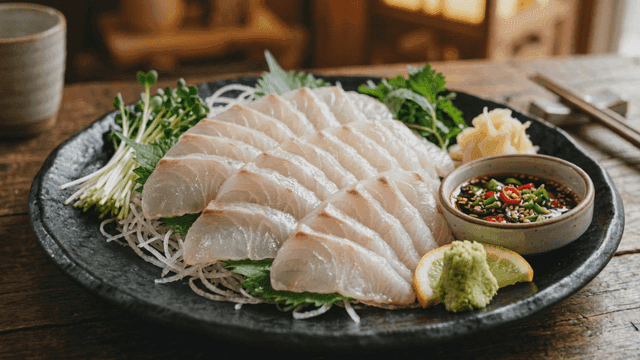 Plate of fresh aged sashimi and garnish