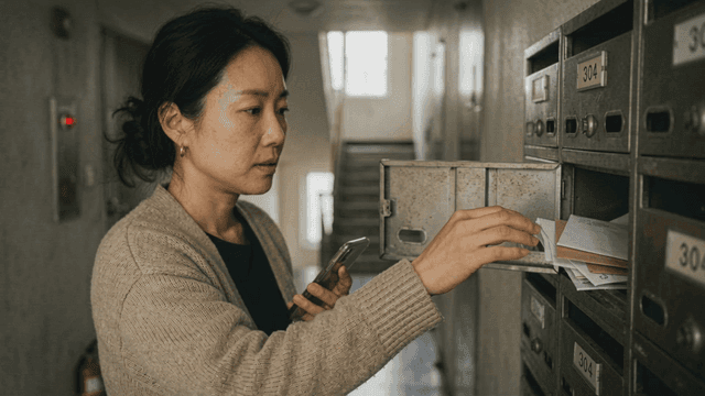 Woman checking mailbox in apartment hallway