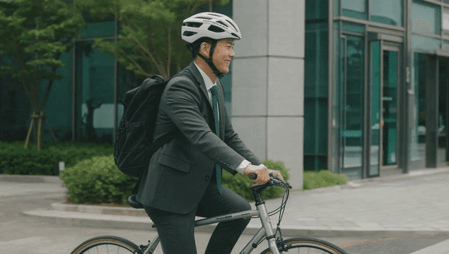 Office worker commuting by bicycle to workplace