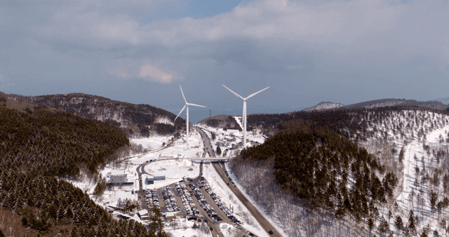 Snowy landscape with wind turbines
