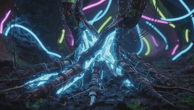 어두운 공간에서 얽힌 빛나는 케이블