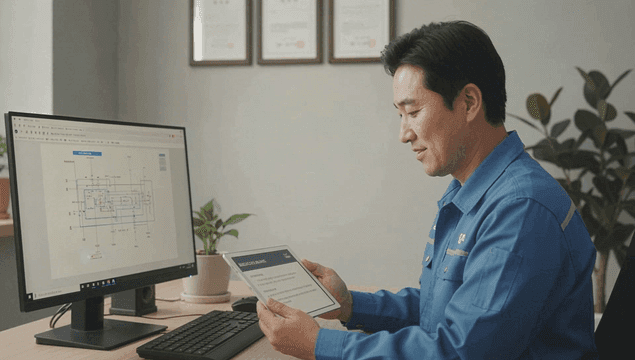 컴퓨터와 태블릿으로 도면 검토하는 엔지니어
