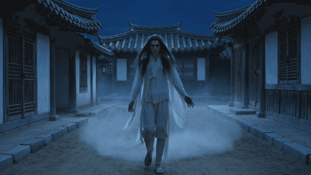 Ghost wearing traditional Hanbok at night