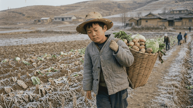 Country boy carrying load of vegetables