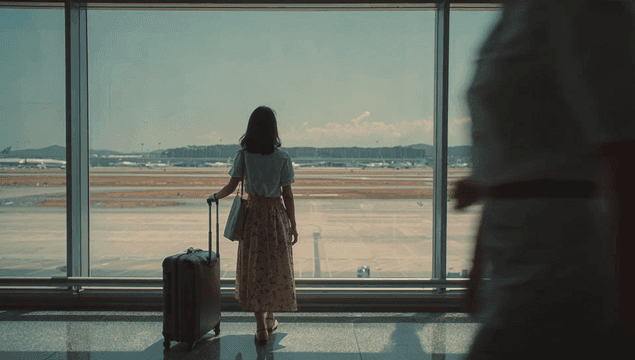 공항에서 창밖을 바라보는 여성의 뒷모습