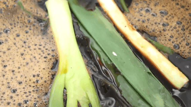 간장이 든 냄비에 넣는 구운 대파