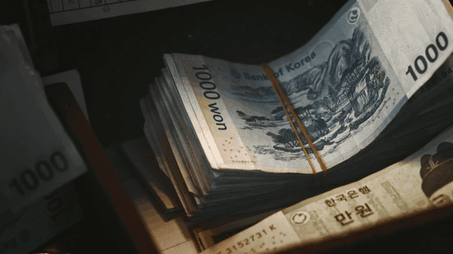 Stacks of Korean won bills in a drawer
