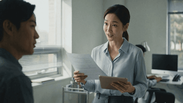 Office workers discussing work while holding tablet and documents