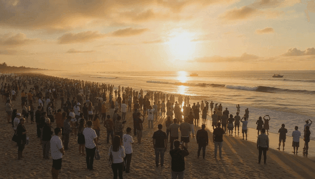 해변에 모인 군중과 일출