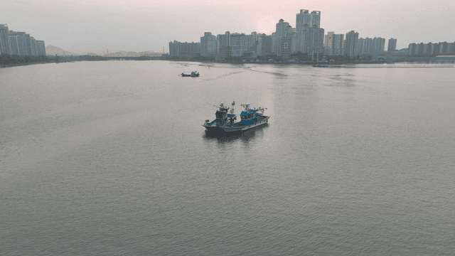 Boats on a river with city skyline