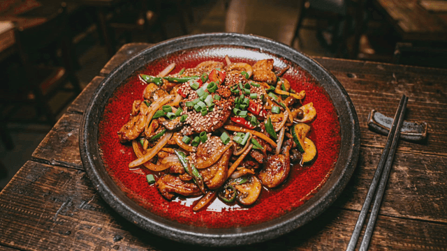 Plate containing stir-fried pork