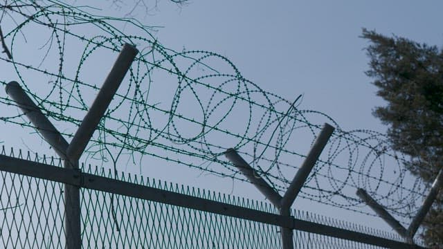 하늘을 배경으로 한 철조망 울타리