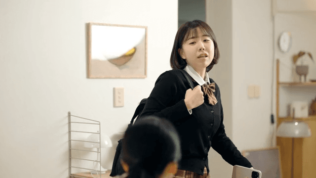 Female student rushing to school after eating at home