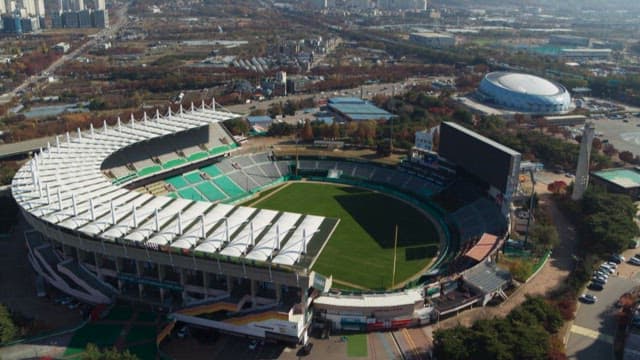 Aerial View of a Stadium in the City