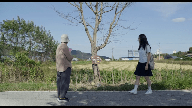 Girl and an elderly woman talking by a tree