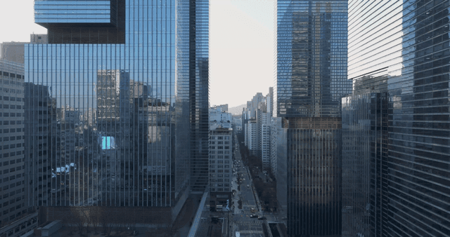 Tall skyscrapers in bustling city