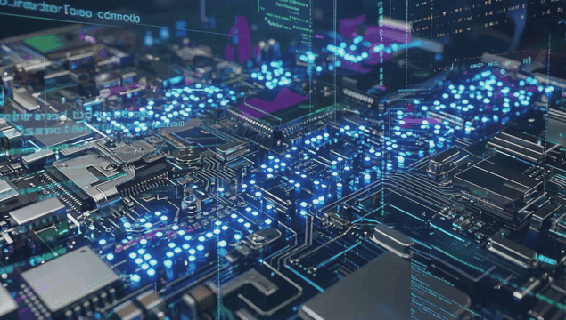 빛나는 불빛이 있는 복잡한 회로 기판