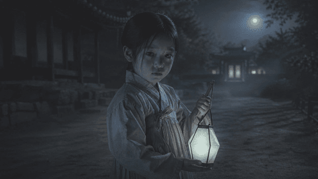 Girl in Hanbok holding lantern at night
