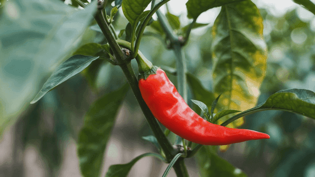 Ripe red peppers growing on plant