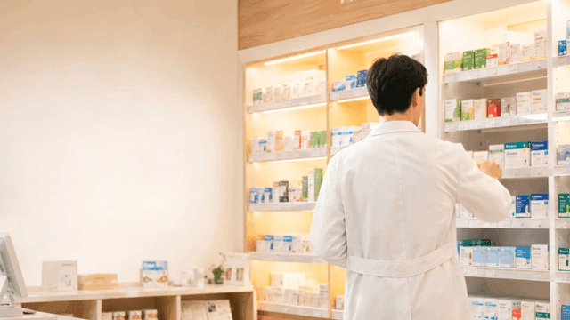 Pharmacist organizing medicine shelves