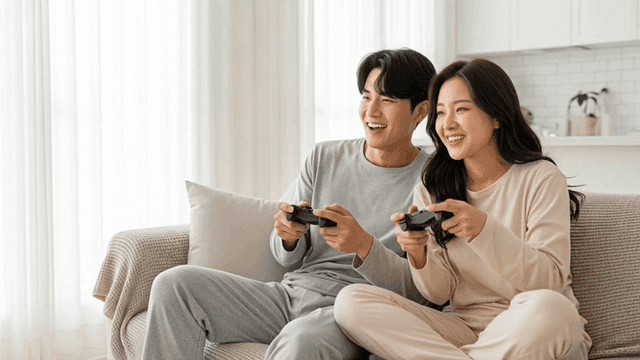 소파에서 비디오 게임을 즐기는 커플