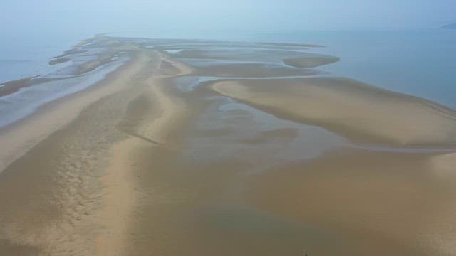 안개가 낀 날의 깨끗한 모래 해변