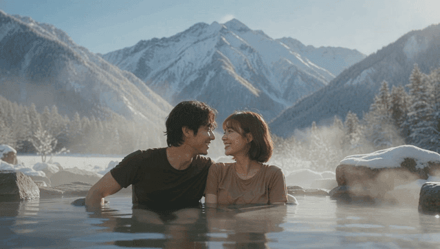눈 덮인 산에서 온천을 즐기는 커플