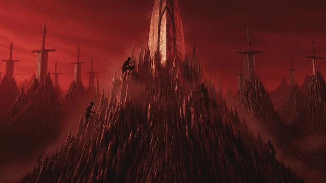 Men climbing thorny mountain with knives stuck in it amidst red landscape