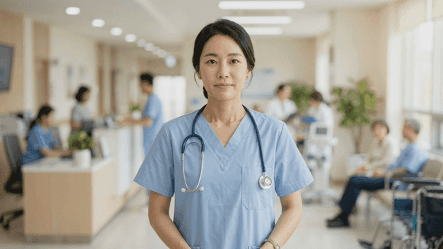 Nurse standing in hospital hallway