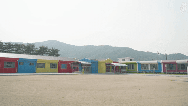 Colorful elementary school with playground