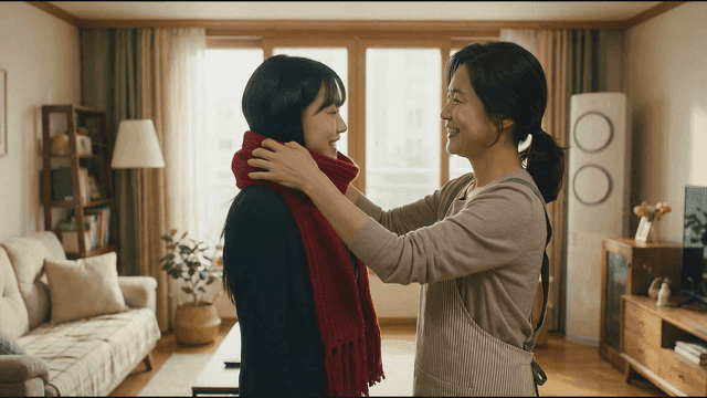 Mother wrapping muffler around her daughter