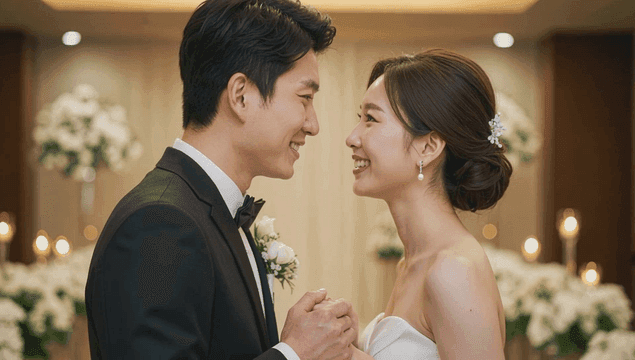 A couple smiling at each other at a wedding