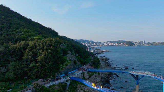 숲이 우거진 언덕과 바닷가 산책로가 있는 해안 도시