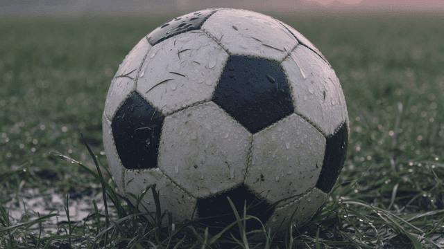 Soccer ball on rain-soaked lawn