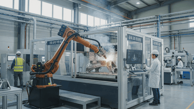 Metal 3D printer welding robotic arm in modern factory