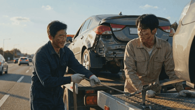 Two mechanics securing car involved in traffic accident to tow truck on highway