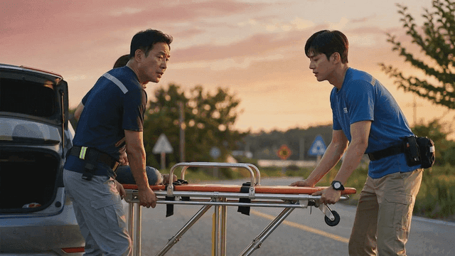 Two men carrying a stretcher on a road