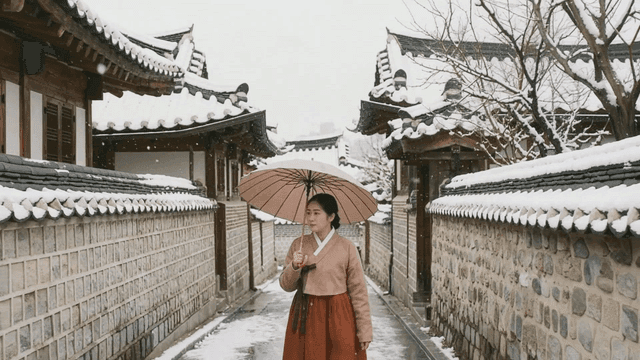 Woman wearing hanbok walking through snowy Hanok village