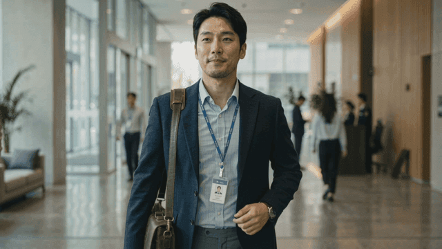 Businessman walking confidently in office lobby