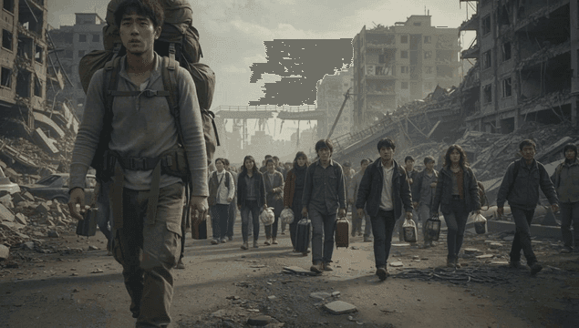 파괴된 도시를 걷는 피난민들