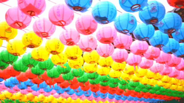 Colorful lanterns hanging in a temple