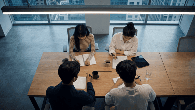 Office meeting with four colleagues
