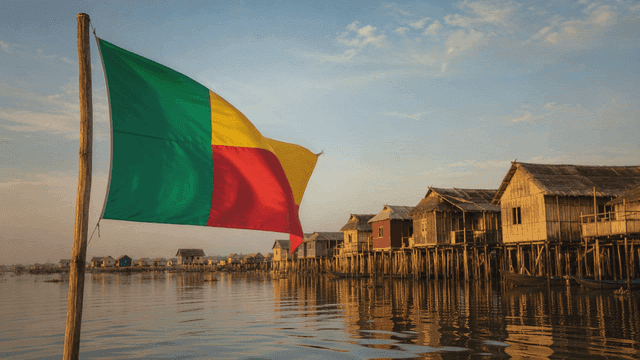 Colorful Benin flags waving near house built on stilts
