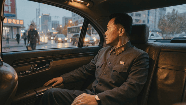 North Korean soldiers in uniform sitting in car