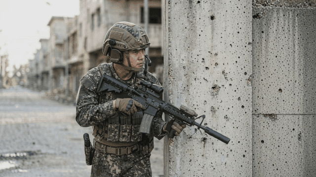 Soldiers moving cautiously across abandoned, ruined battlefield