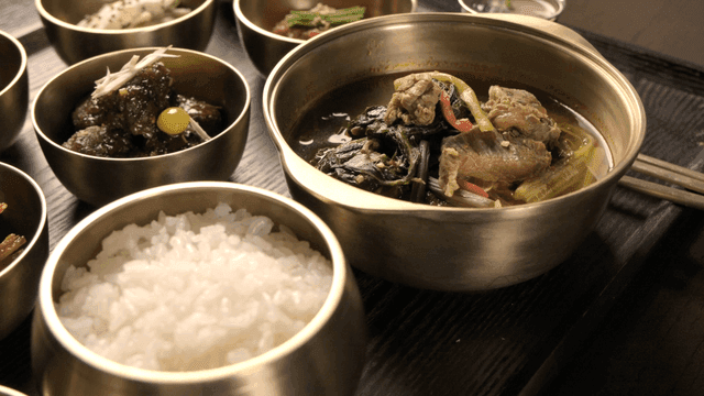 Traditional Korean meal with rice and soup