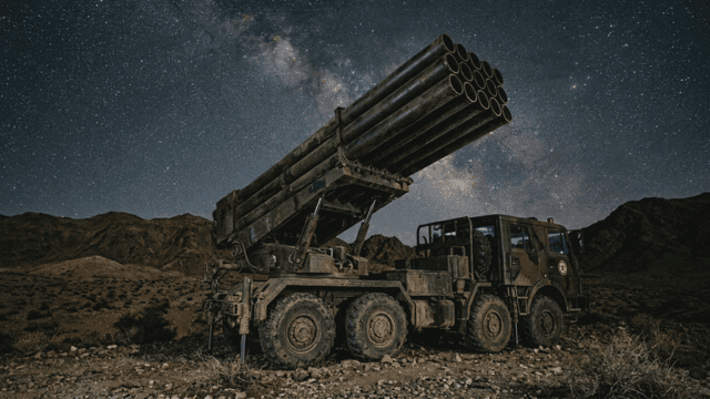 Military missile truck under starry night sky
