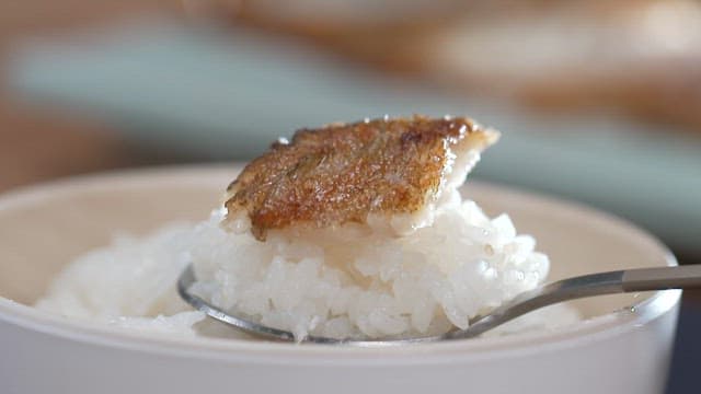 Spoon with grilled fish on top of white rice